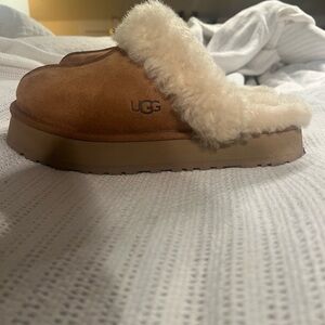UGG Chestnut Suede Slip-On Shearling Slippers with Cream Fur